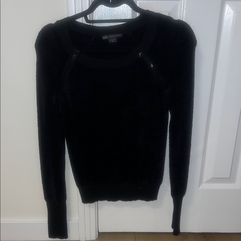 Armani Exchange Black Crew Neck Velour Sweater XS